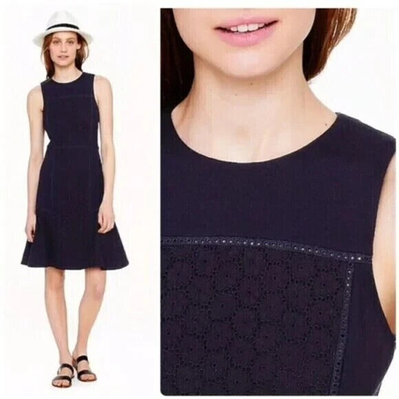 J Crew Collection Dress Paneled Eyelet Sleeveless Fit Flare Ponte Knit Black 8 - Picture 1 of 14